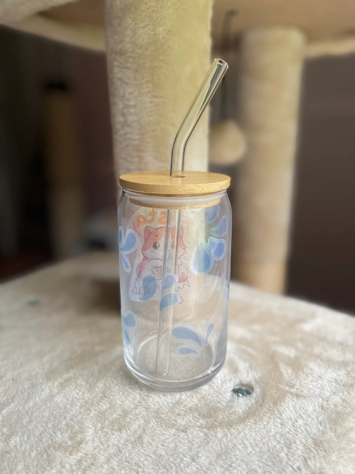 Orange Cat Glass Tumbler 16oz Clear Iced Coffee or Beer Cup with Lid and Straw | Holographic Vinyl Design | Stay Hydrated