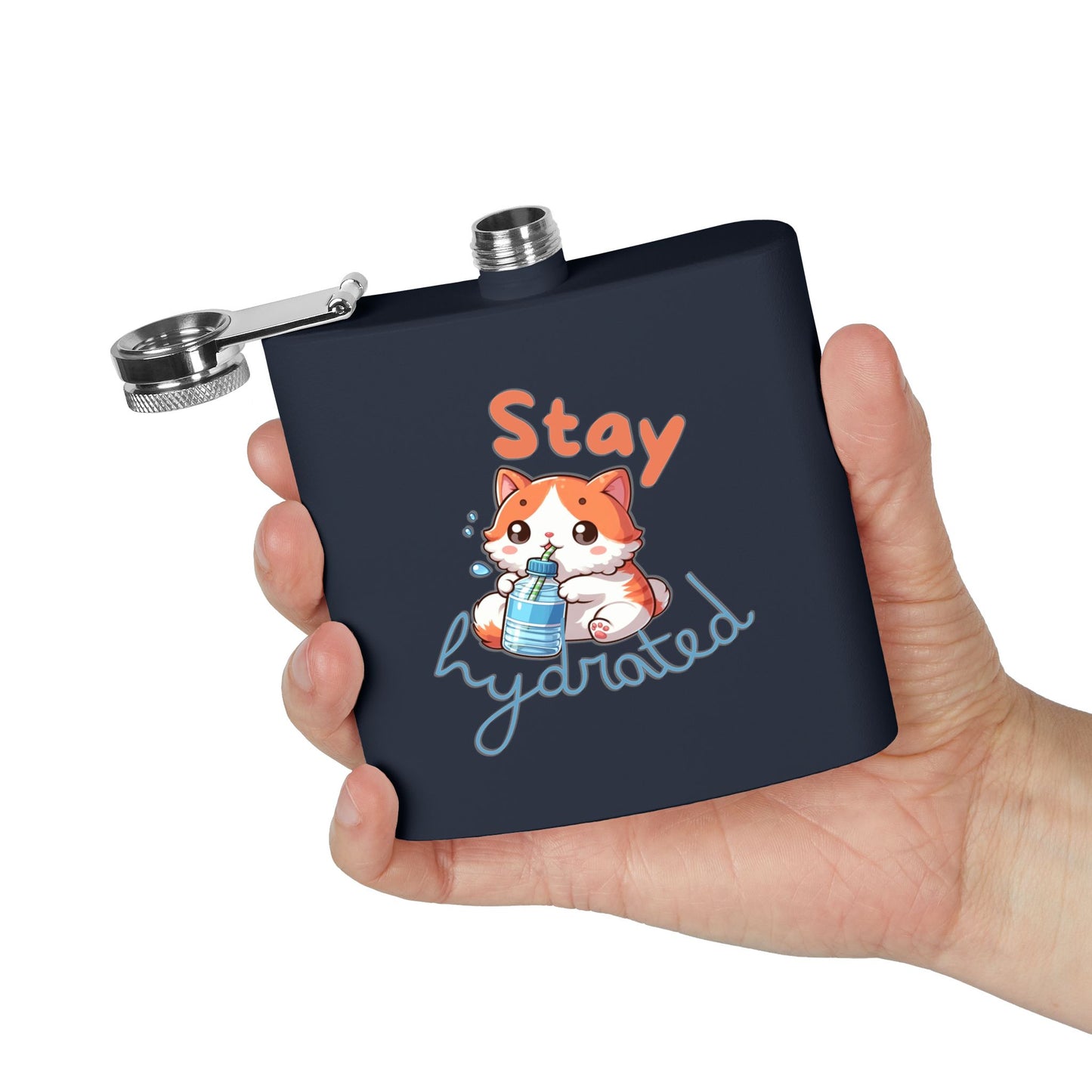 Cute Chibi Cat Stainless Steel Flask, 6oz - Fun Gift for Cat Lovers, Hiking, Camping, Birthdays