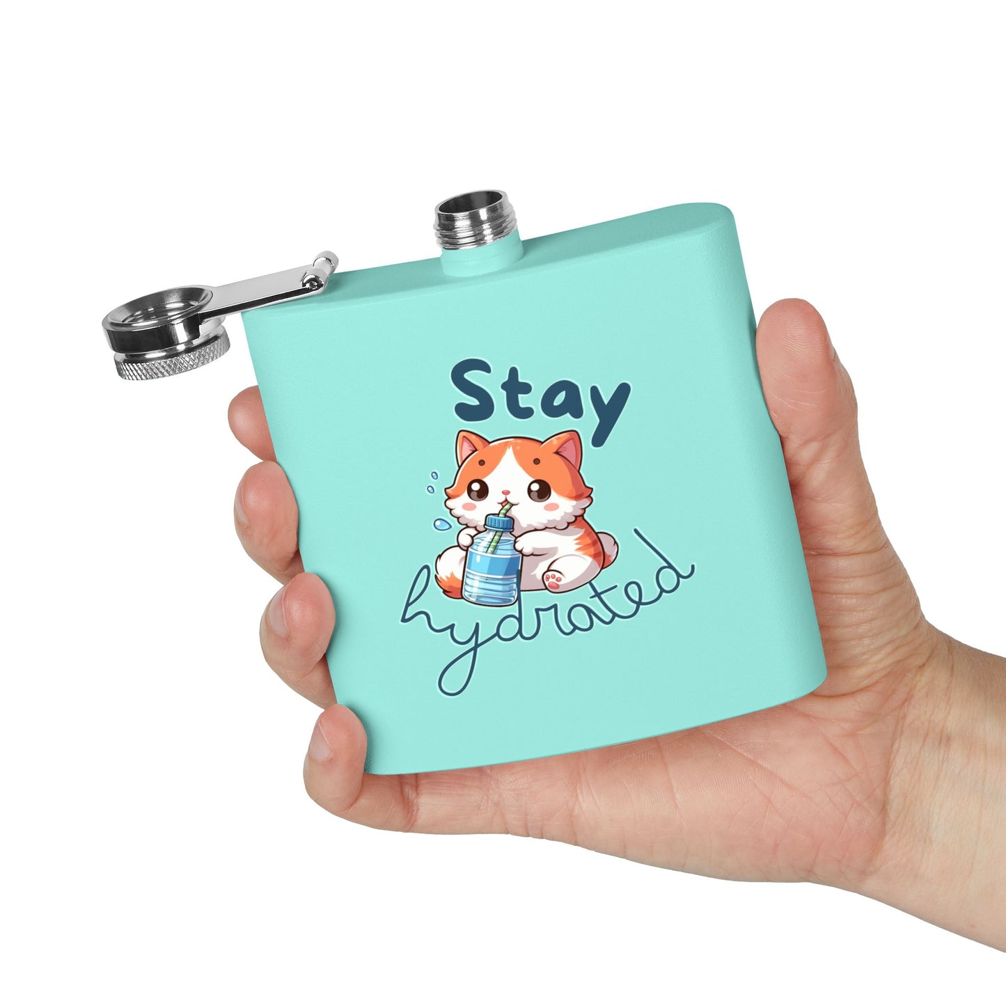 Cute Chibi Cat Stainless Steel Flask, 6oz - Fun Gift for Cat Lovers, Hiking, Camping, Birthdays