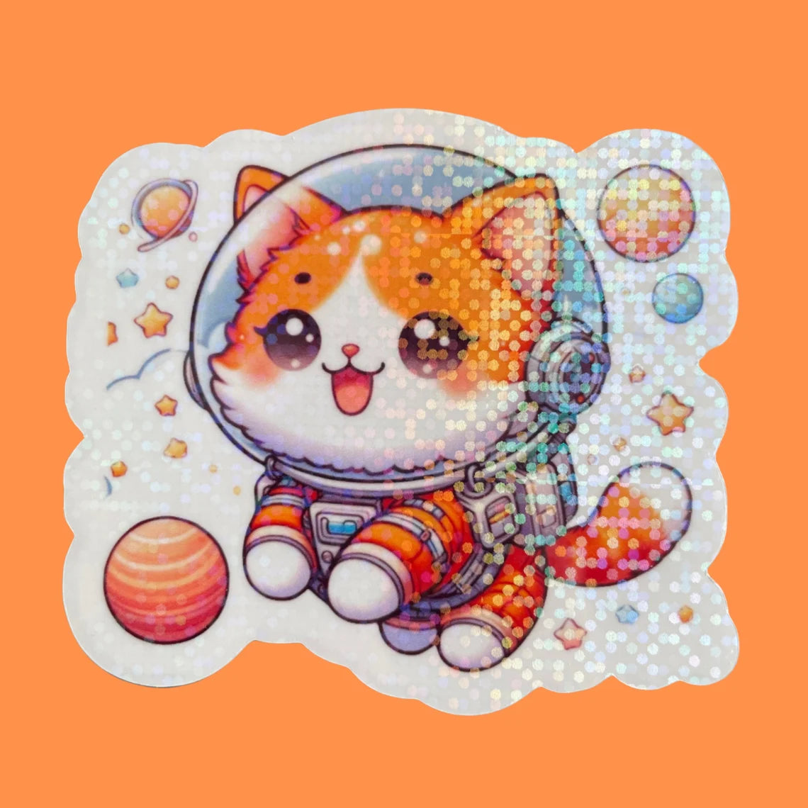 Pegatina de gato astronauta | Fondo transparente o blanco con laminado holográfico resistente al agua