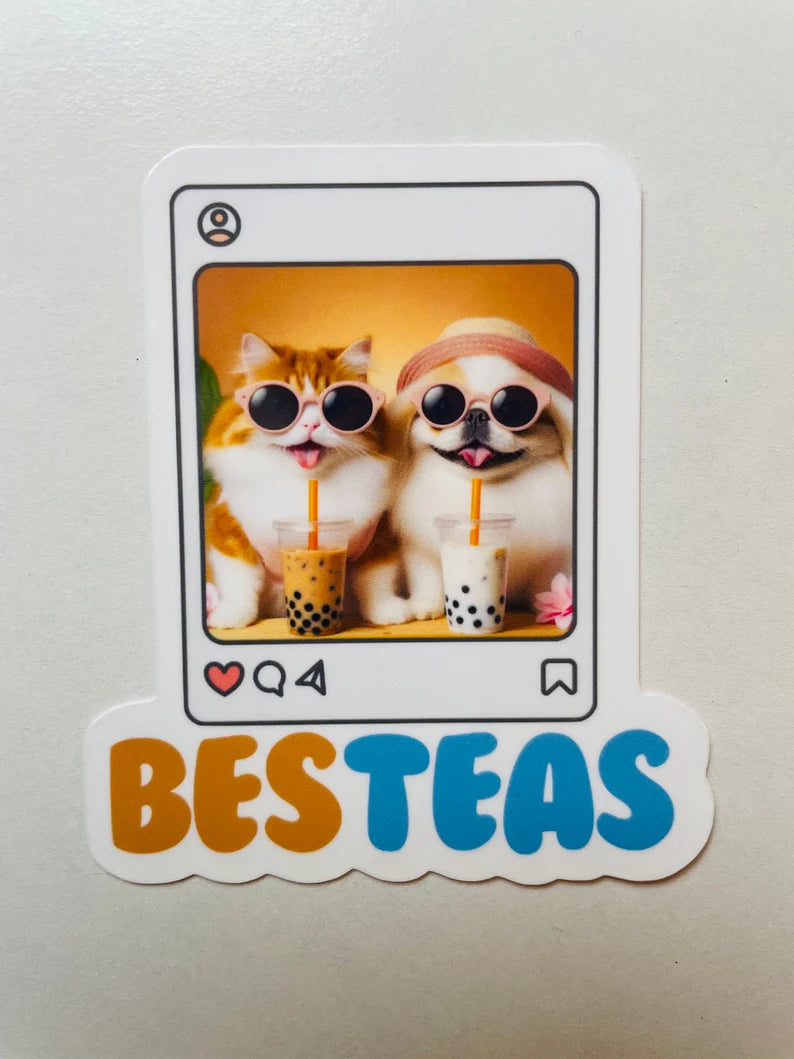 Kat en hond glanzende waterdichte sticker voor waterfles of laptop | Besteas Boba Tea Theme