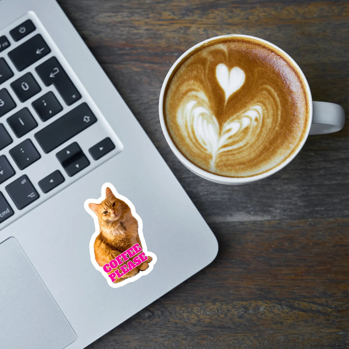 Schattige kattensticker voor laptop, waterfles, telefoon met tekst "Koffie alstublieft" Handgemaakte glanzende vinyl sticker Decal waterbestendig