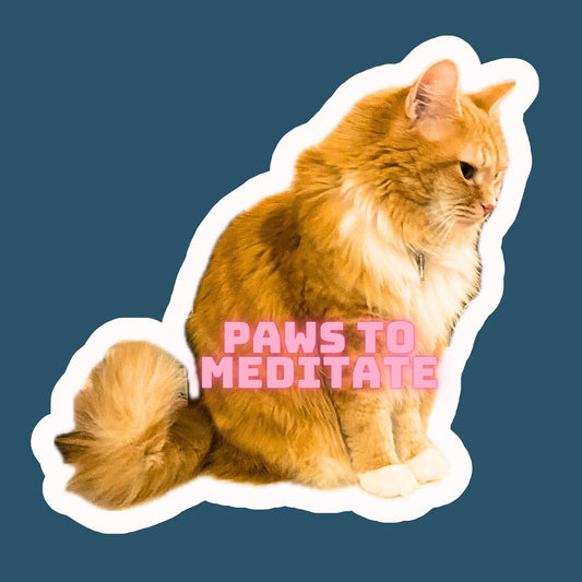 Cute Cat Sticker for Laptop, Water Bottle, Phone with text “Paws To Meditate" Handmade Glossy Vinyl Sticker Decal Water Resistant