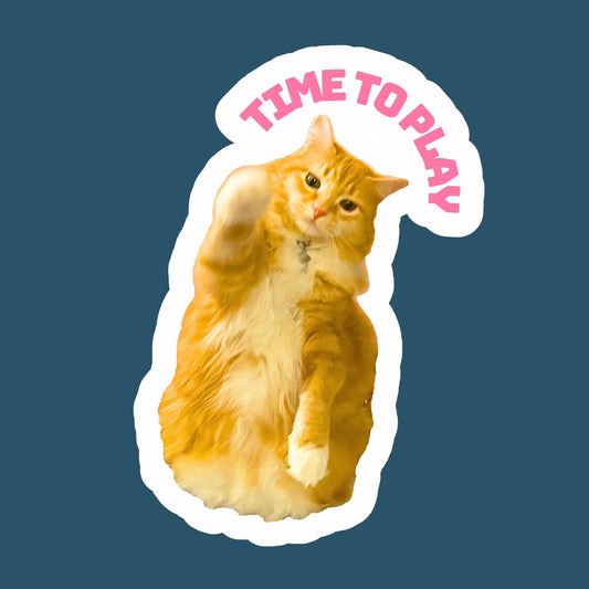 Cute Cat Sticker for Laptop, Water Bottle, Phone with text “Time To Play" Handmade Glossy Vinyl Sticker Decal Water Resistant