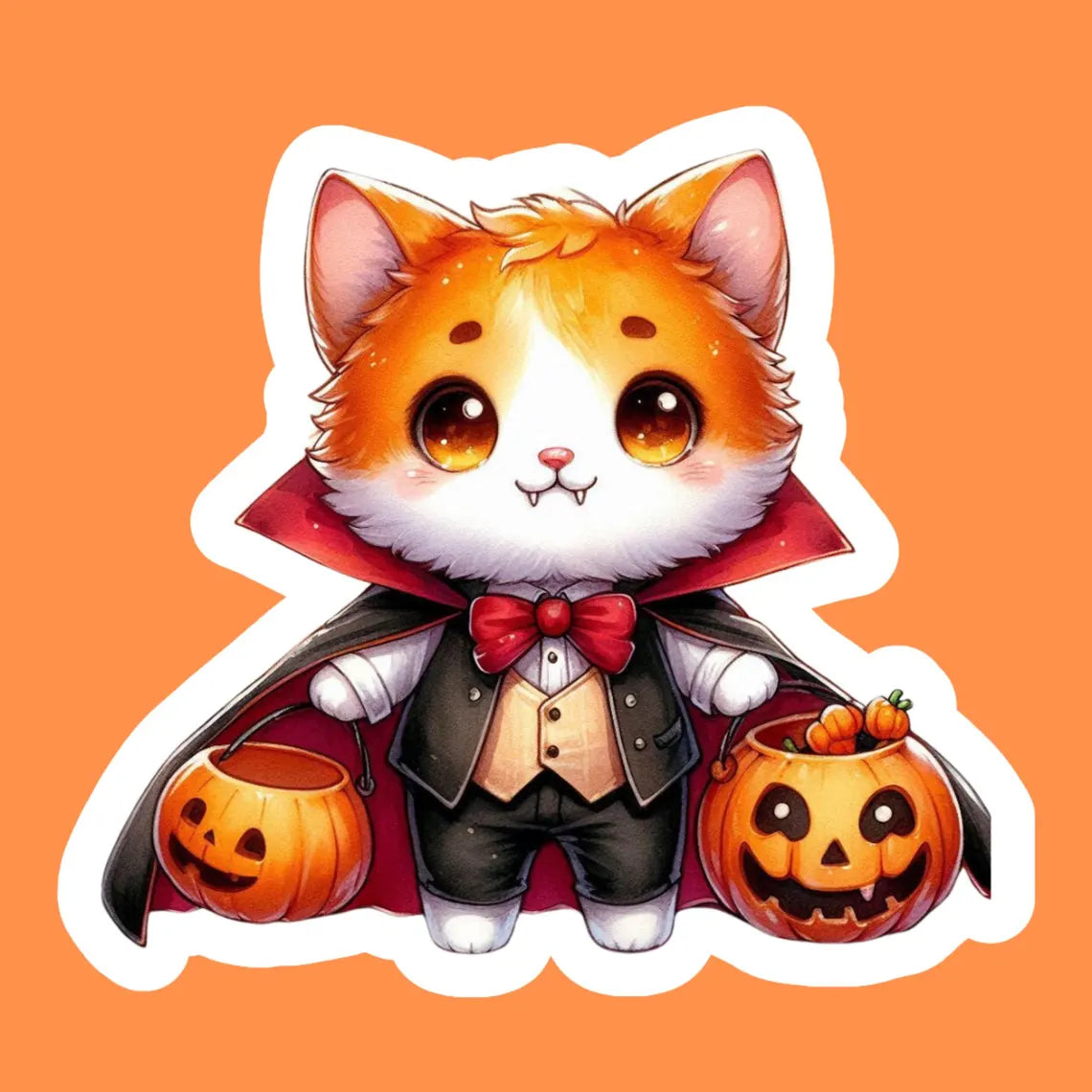 Pegatina de Halloween con forma de gato naranja y texto "Truco o trato"