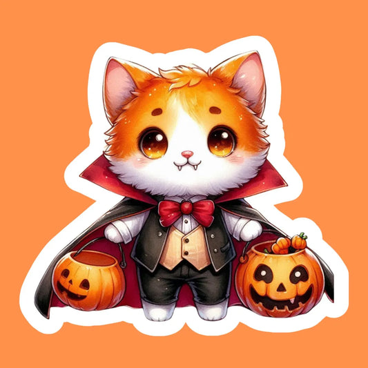 Orange Cat Halloween Sticker Trick or Treat No Hat 2 Pumpkins