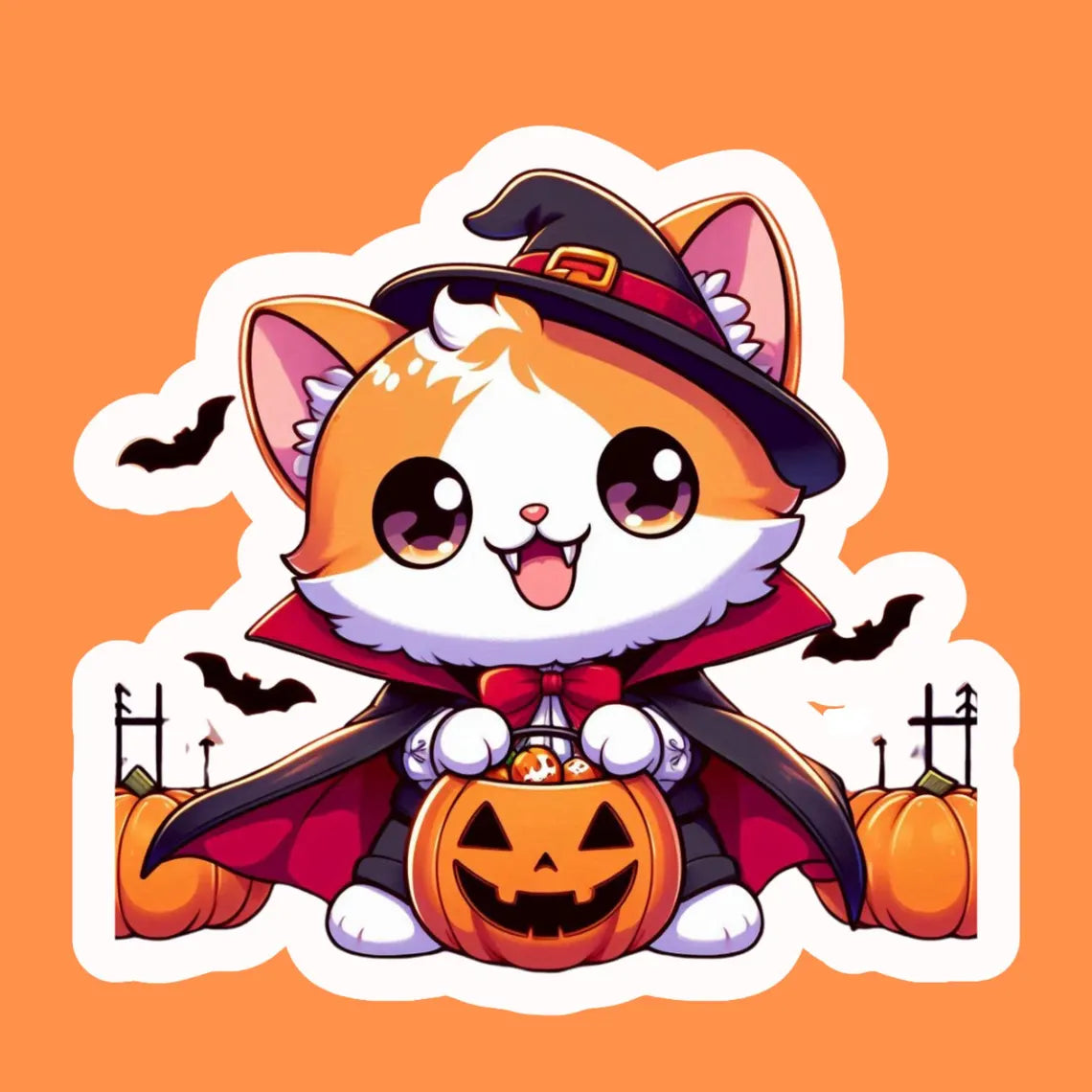 Pegatina de Halloween con forma de gato naranja y texto "Truco o trato"