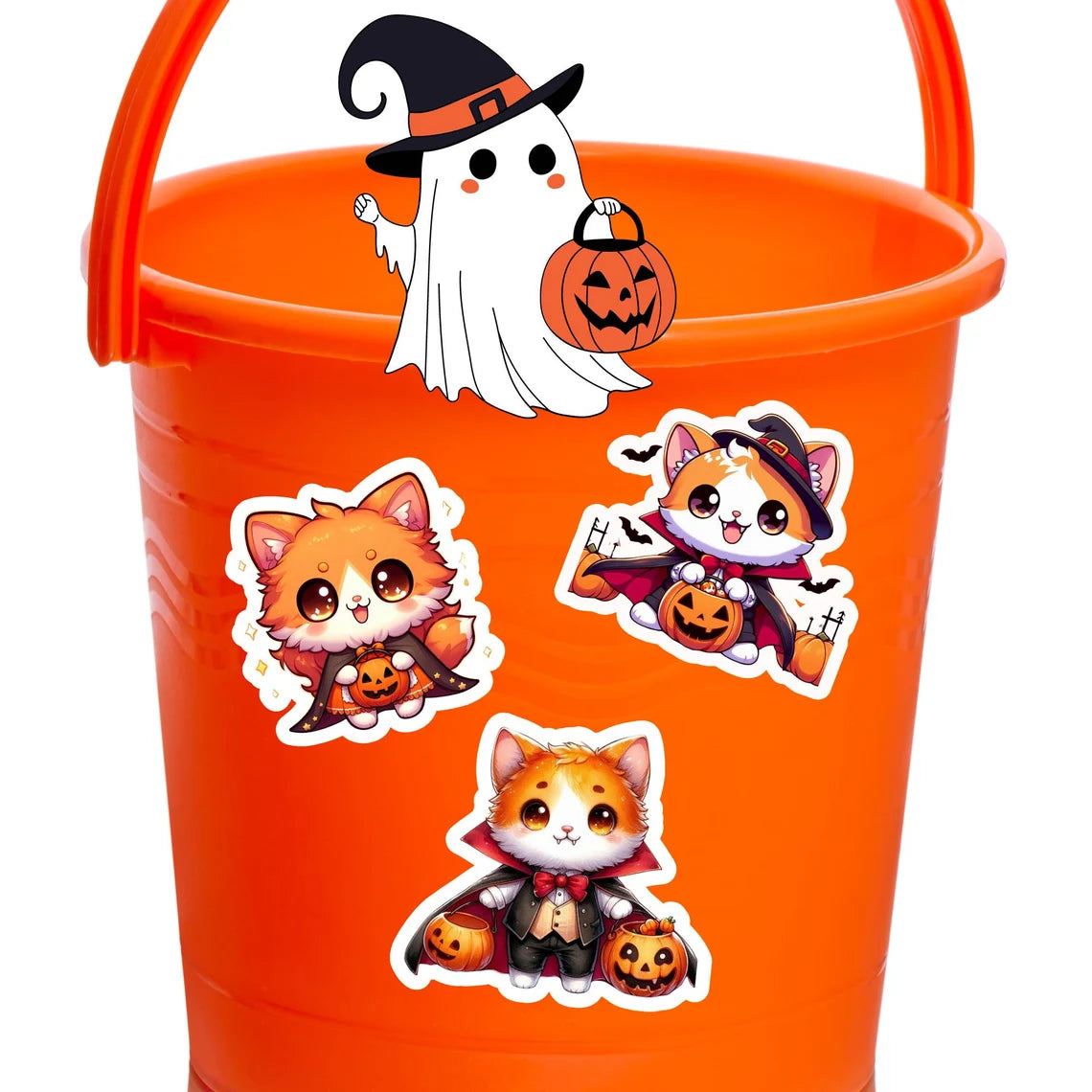 Pegatina de Halloween con forma de gato naranja y texto "Truco o trato"