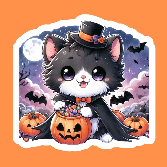 Pegatina de gato de Halloween con esmoquin y mensaje "truco o trato"