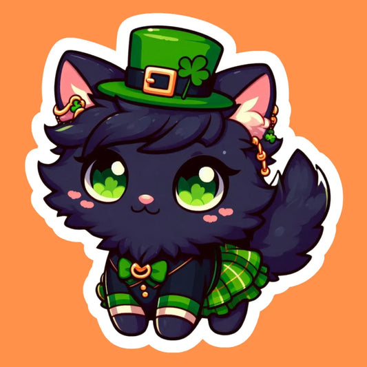 Lucky Cat Sticker for St Patrick's Day | Chibi Cat Kawaii | Glossy Vinyl, Water-Resistant Water Bottle Laptop Decal (Free Shipping) Lucky Black