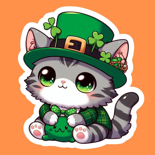 Lucky Cat Sticker for St Patrick's Day | Chibi Cat Kawaii | Glossy Vinyl, Water-Resistant Water Bottle Laptop Decal (Free Shipping) Lucky Gray Tabby