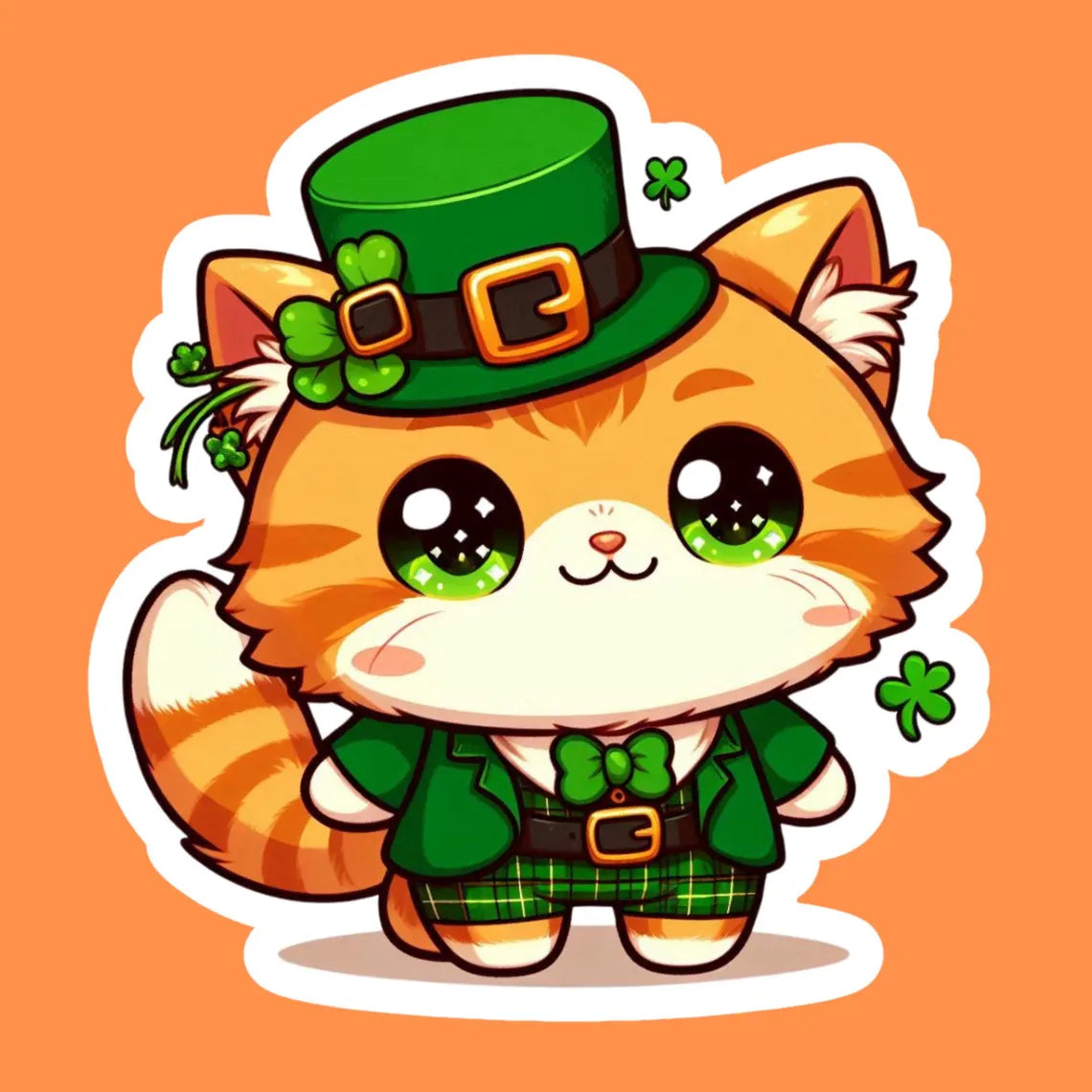 Lucky Cat Sticker for St Patrick's Day | Chibi Cat Kawaii | Glossy Vinyl, Water-Resistant Water Bottle Laptop Decal (Free Shipping) Lucky Orange Tabby