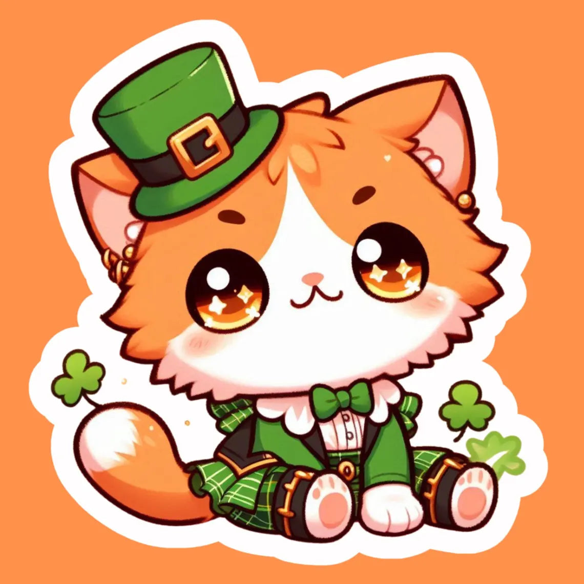 Lucky Cat Sticker for St Patrick's Day | Chibi Cat Kawaii | Glossy Vinyl, Water-Resistant Water Bottle Laptop Decal (Free Shipping) Lucky Orange and White