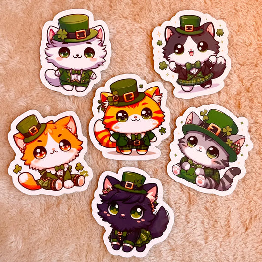 Lucky Cat Sticker for St Patrick's Day | Chibi Cat Kawaii | Glossy Vinyl, Water-Resistant Water Bottle Laptop Decal (Free Shipping) Lucky Sticker Set of 6