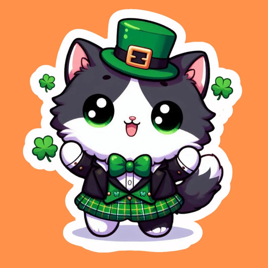 Lucky Cat Sticker for St Patrick's Day | Chibi Cat Kawaii | Glossy Vinyl, Water-Resistant Water Bottle Laptop Decal (Free Shipping) Lucky Tuxedo