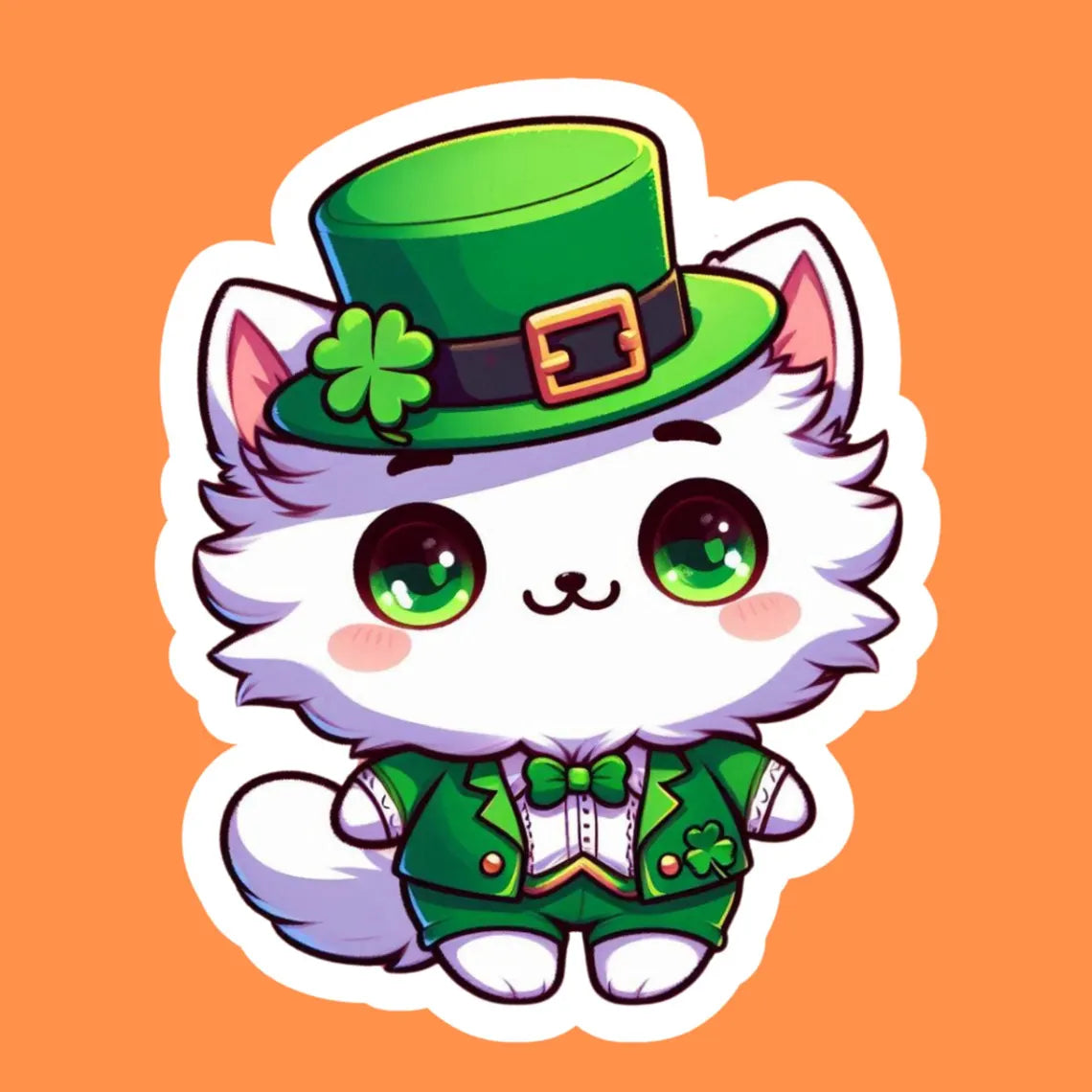 Lucky Cat Sticker for St Patrick's Day | Chibi Cat Kawaii | Glossy Vinyl, Water-Resistant Water Bottle Laptop Decal (Free Shipping) Lucky White