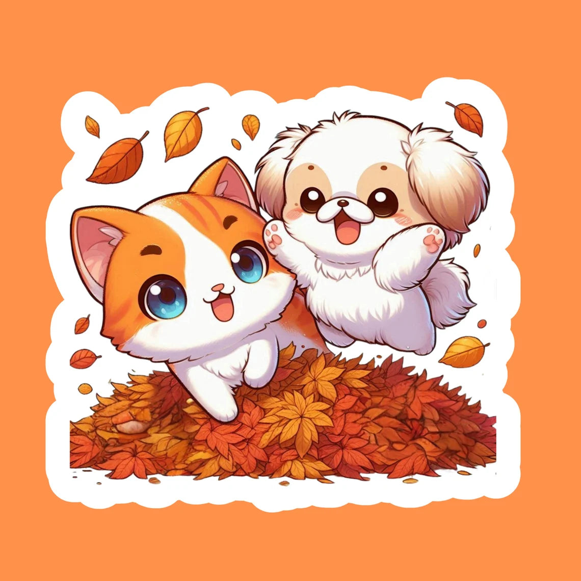 Pegatina de gato naranja y perro blanco | Pegatina de otoño de Besties