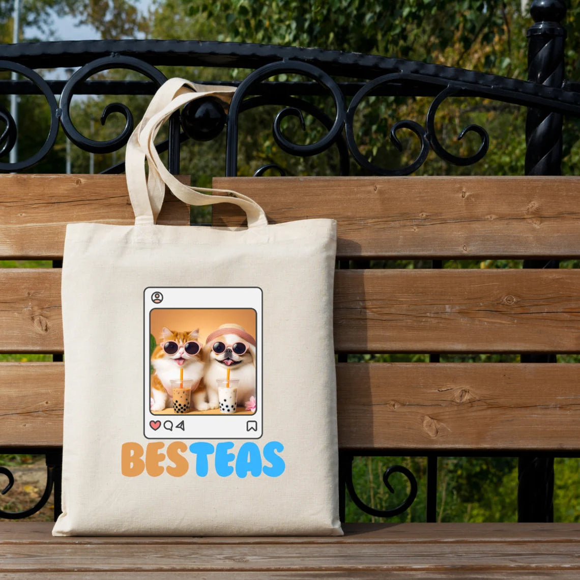 Kat en hond Tote Bag met Boba Tea Besteas Design | Stevige Tote Bag met gusset