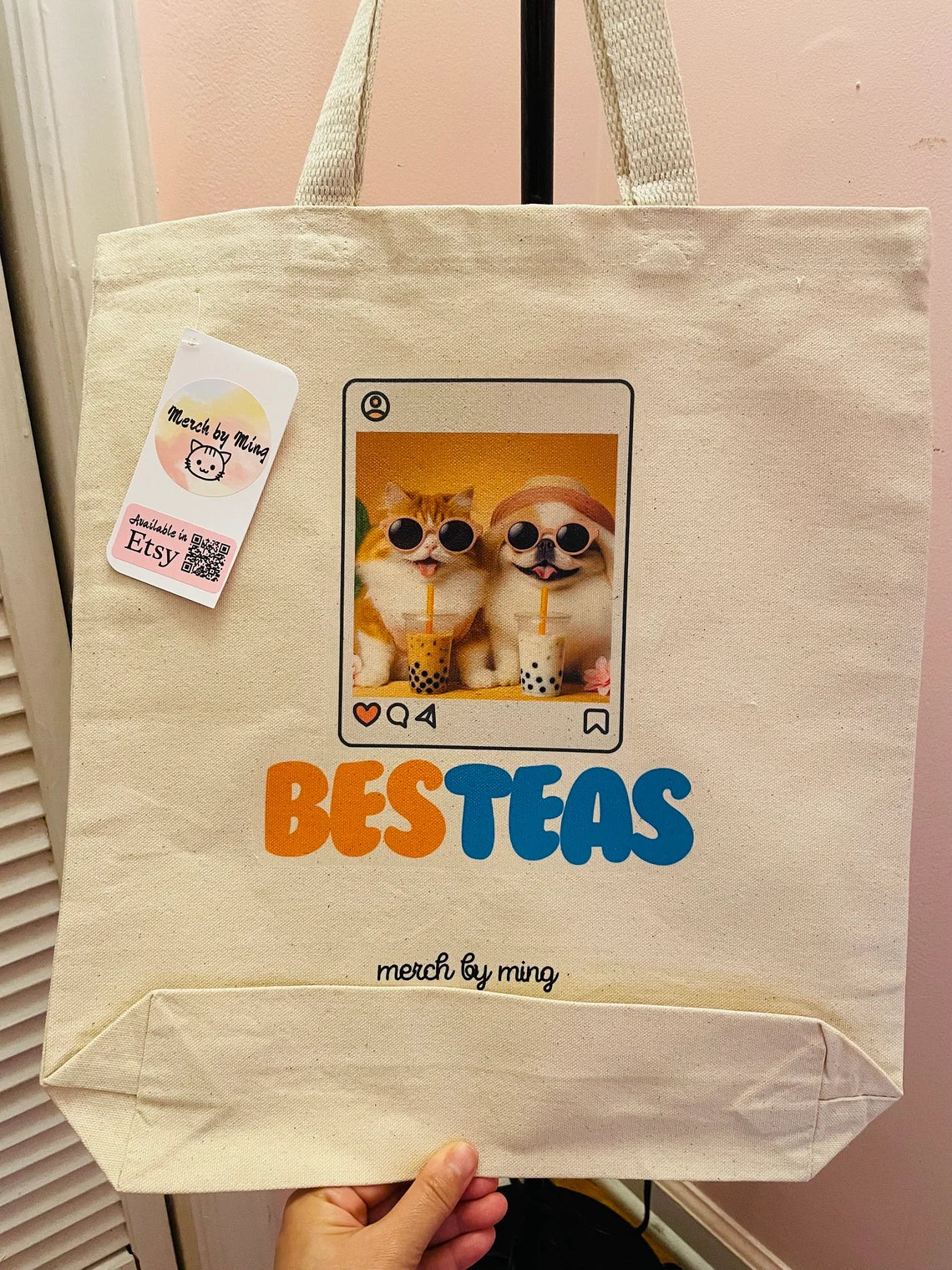 Kat en hond Tote Bag met Boba Tea Besteas Design | Stevige Tote Bag met gusset