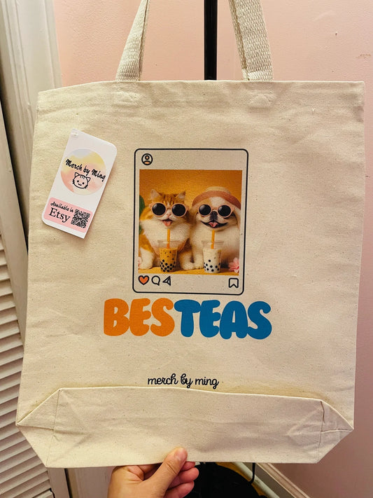 Cat and Dog Tote Bag with and Boba Tea Besteas Design | Sturdy Tote Bag with Gusset