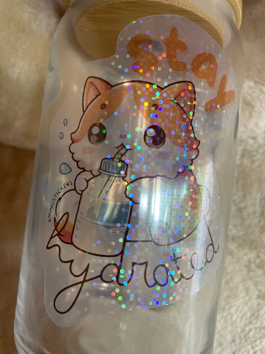 Orange Cat Glass Tumbler 16oz Clear Iced Coffee or Beer Cup with Lid and Straw | Holographic Vinyl Design | Stay Hydrated